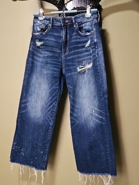 American Eagle Outfitters Dark Blue Distressed Wide-Leg Jeans
